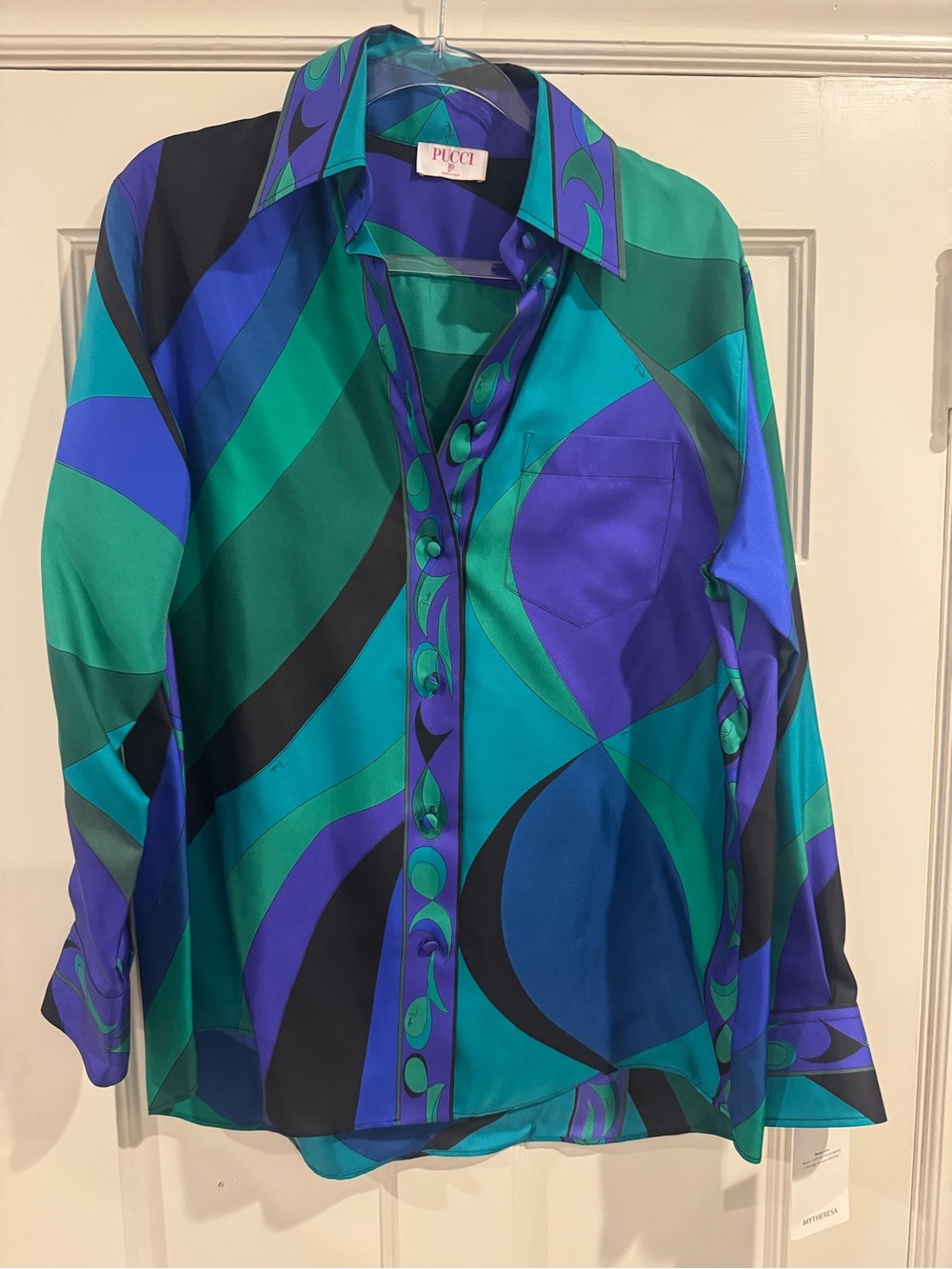 Emilio Pucci Blue and Green Geometric Silk Button-Down Shirt